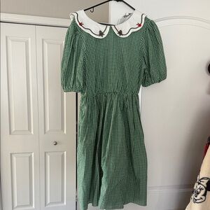 Ivy City Co Green Gingham Dress with holiday Embroidered Collar